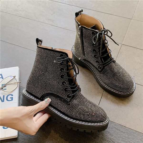 

осень зима новый женский rhinestone boots удобная покрытием дышащий crystel ботильоны шнуровка круглый носок пинетки, Black