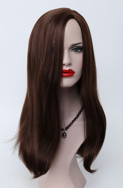 

excellent unsymmetrical middle hair dark brown medium auburn mix long women wig, Black