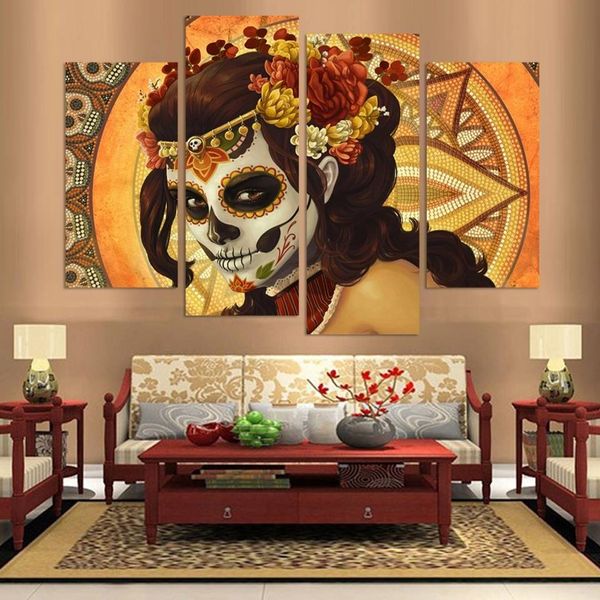 

4pcs/set unframed skull girl colourful face figure painting on canvas wall art painting art picture for living room decor