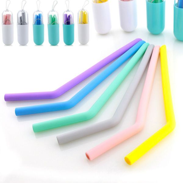 

2019 new reusable silicone drinking straws grade straw with cleaning brushes set