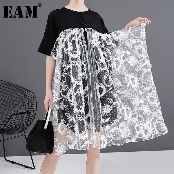 

casual dresses [eam] women black lace mesh split joint elegant dress round neck short sleeve loose fit fashion spring summer 2021 1w335, Black;gray