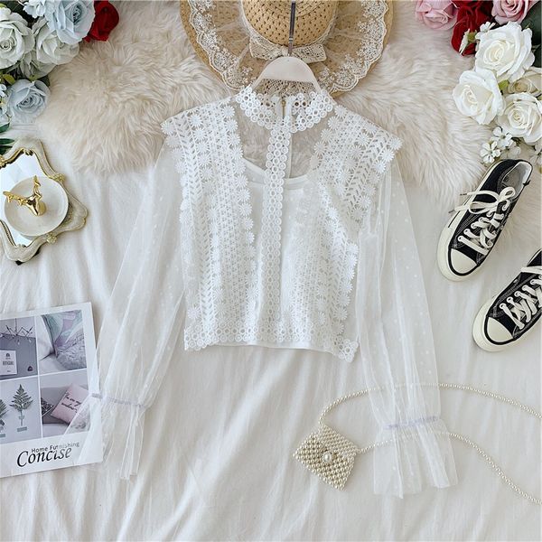 

women dot mesh stitching hit shirt sweet long flare sleeve korean round neck harajuku elegant short blouse j951, White