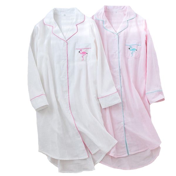 

2019 new ladies sleepwear 100% gauze cotton nightdress flamingo embroidered women sleepshirt long-sleeve comfort household wear, Black;red
