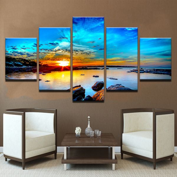 

framework modular pictures vintage home decor 5 panel sunrise seaview paintings on canvas posters and prints on the wall