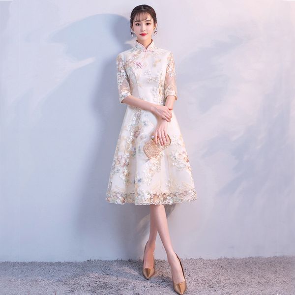 

embroidery flowers party dress wedding dress evening cheongsam vintage chinese style womens lace qipao vestidos clothes s-xxxl, Red