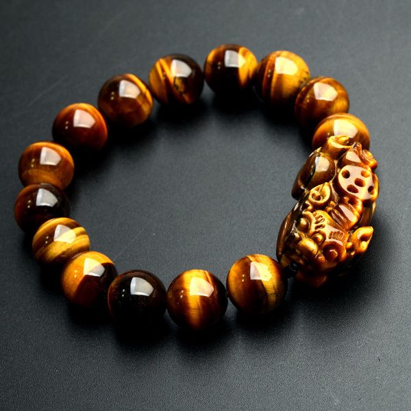

wholesale joursneige natural yellow tiger eye stone bracelets 12mm round beads pi xiu bracelet for men women wristband jewelry, Golden;silver