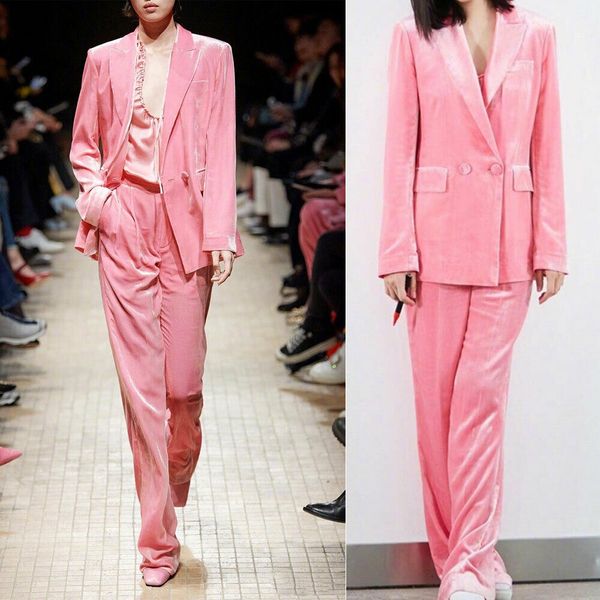 Pembe Kadife Kadın Pant Suit İki Düğme Custom Made Anneler Elbise Bayanlar Örgün Akşam Giyim Smokin (Ceket + Pantolon)