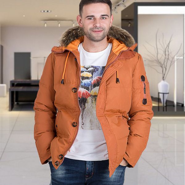

brand winter jacket men 91% white duck down jacket thick keep warm men down fur collar hooded jackets coat male, Black