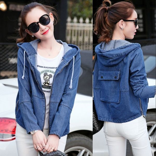 

women 's denim coat hooded long sleeve pocketed coat wholesale 2018 college hooded loose-fit  bf wind denim jackets & coats fem, Black;brown