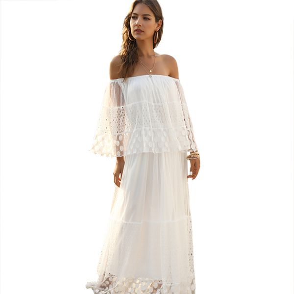 

spring and summer dress with long shoulder strapless long pleated beach skirt