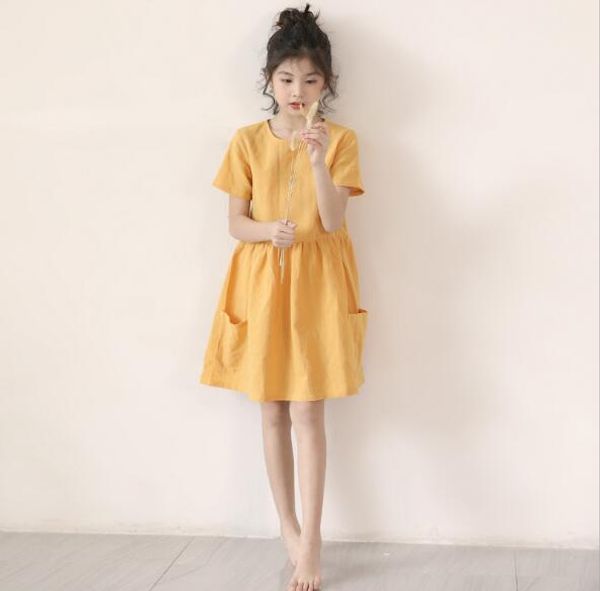 

girl dresses 2020 summer yellow solid color short sleeve loose casual kids dresses simple cute princess dress big girl clothing, Red;yellow