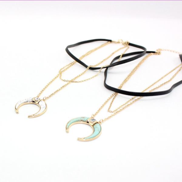 

light yellow gold color layer green turquosies crescent moon pendant link chain necklace white howlite stone jewelry, Silver
