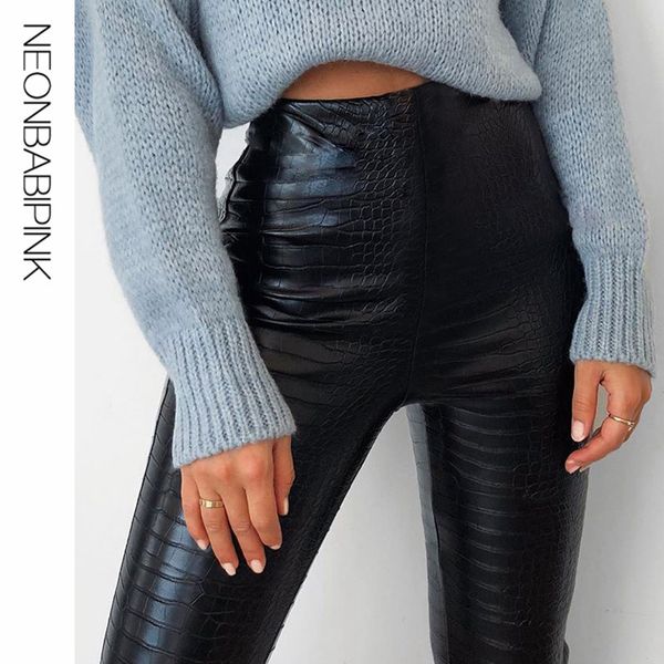 

neonbabipink pu leather high waist pencil pants women clothes 2020 stretch skinny black trousers streetwear n70-ae10, Black;white