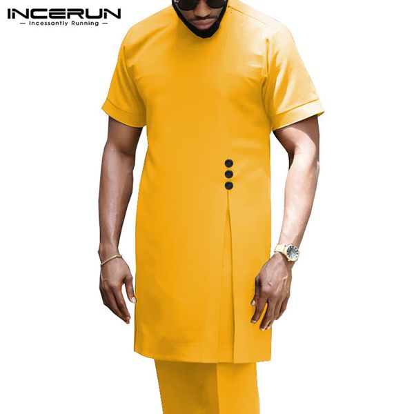 

incerun fashion men clothes short sleeve round neck long shirt solid color casual kurtas muslim men pakistani shirts 2020, White;black