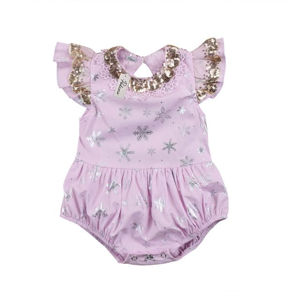 

Christmas Newborn Baby Girl Lace Sequins Romper Jumpsuit Ruffles Snowflake Print White Purple Rompers Outfits Xmas Clothes