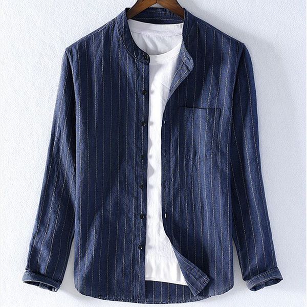 

2020 new long sleeve linen shirts mens casual shirts striped stand-collar chemise homme fashion mens clothes, White;black
