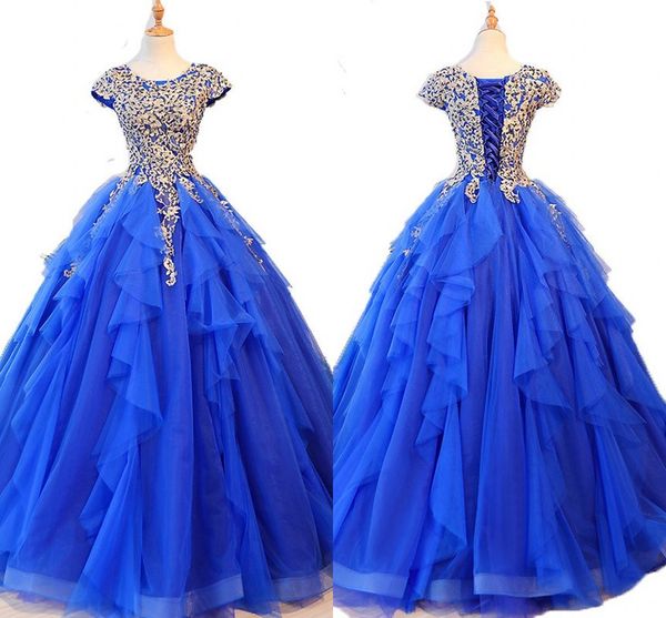 Ouro azul babados doce 16 vestidos 30d floral applique frisado manga curta tule vestido de baile vestido de bola quinceanera vestido para 15 anos meninas