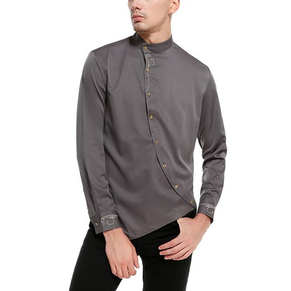 

newly men long sleeve solid color oblique buttons slim breathable shirt for business work, White;black
