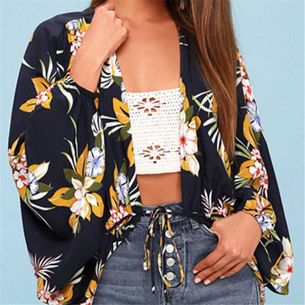 

fashion women floral printed loose kimono cardigan coats long sleeve autumn boho beach cover up coat lace-up cardigan coats, Black;brown