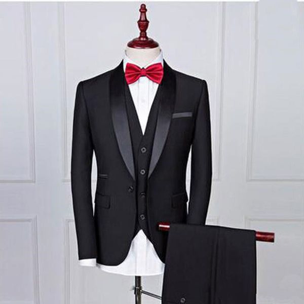 

new black slim fit men suits wedding groom tuxedos 3 pieces (jacket+pants+vest) with shawl lapel bridegroom suits blazer 411, Black;gray