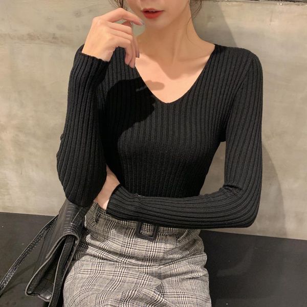 

свитер корейский стиль с длинным рукавом офис осень зима женщины леди v образным вырезом многоцветный bodycon бесплатная доставка 2020 haraj, White;black