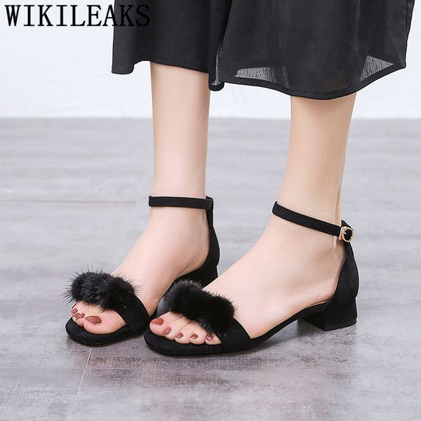 

fur heels sandals women summer ladies sandals low heel shoes big size women shoes high heel 43 designer mary jane, Black