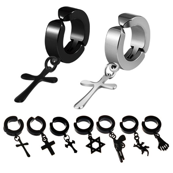 

new stainless steel hypoallergenic no pierced dangle earrings for men women punk cross star pistol drop clip on earring fashion jewelry, Silver