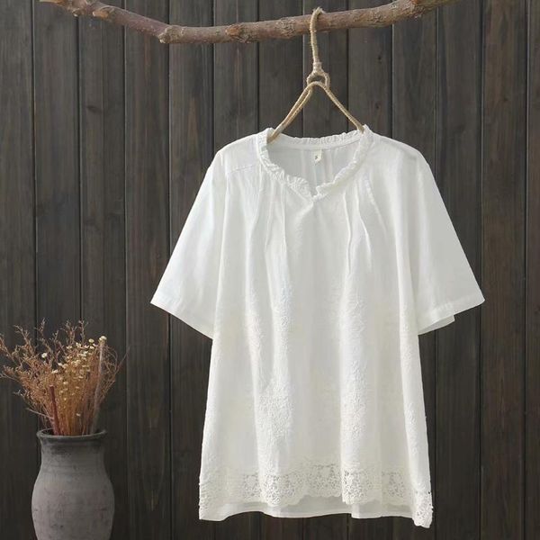 

sweet summer new style fresh literature and art lace frilled collar pleated solid color short-sleeve pullover white shirt women