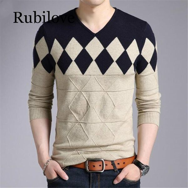

rubilove cashmere wool sweater men 2019 new autumn winter slim fit pullovers men argyle pattern v-neck pull homme christmas swea, White;black