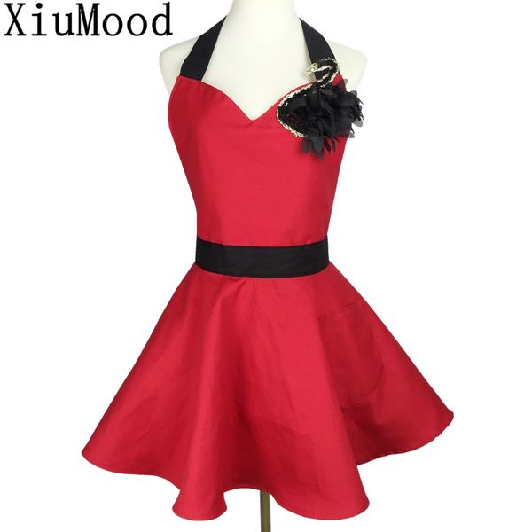 

xiumood aprons for woman cotton red swan decorated kitchen cooking chef waiter apron with pocket