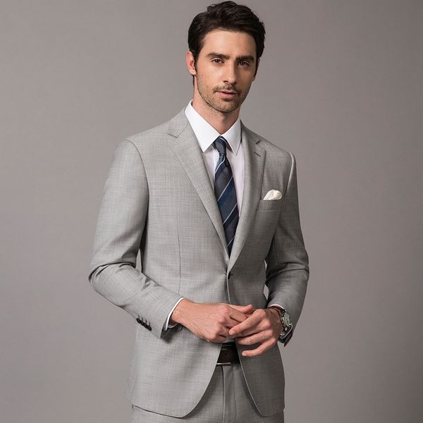 Marka Yeni Açık Gri Erkekler Düğün Smokin Çentik Yaka Damat Smokin Mükemmel Erkekler Blazer 2 Parça Suit Balo / Yemeği ceket (Ceket + Pantolon + Kravat) 606