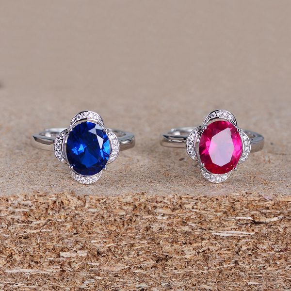 Fashion-100% 925 d'argento ovali Rubino Zaffiro pietra preziosa Birthstone aggancio di cerimonia nuziale monili dell'anello di apertura all'ingrosso