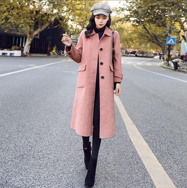 

women long woolen coats 2019 autumn winter women turn-down collar wool blend coat single breasted loose coats r1679, Black