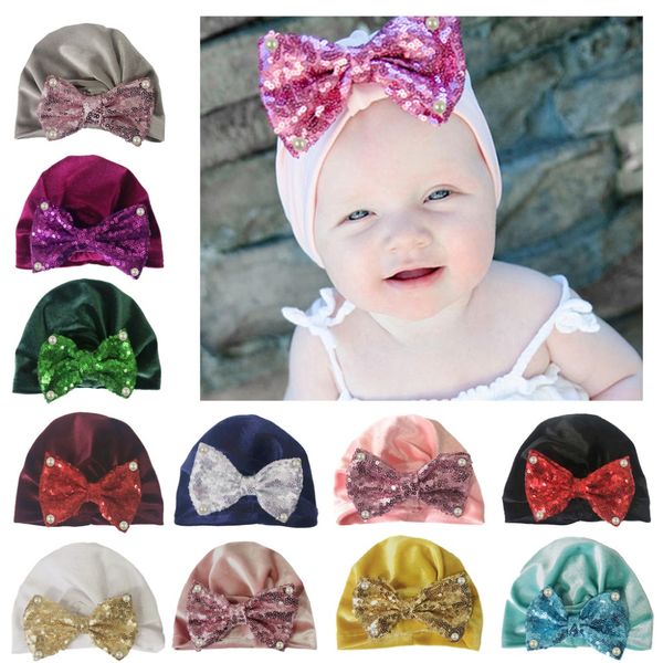 Bow Knotted Sequins Pearl Indian Velvet Hat Bandanas Baby Girls