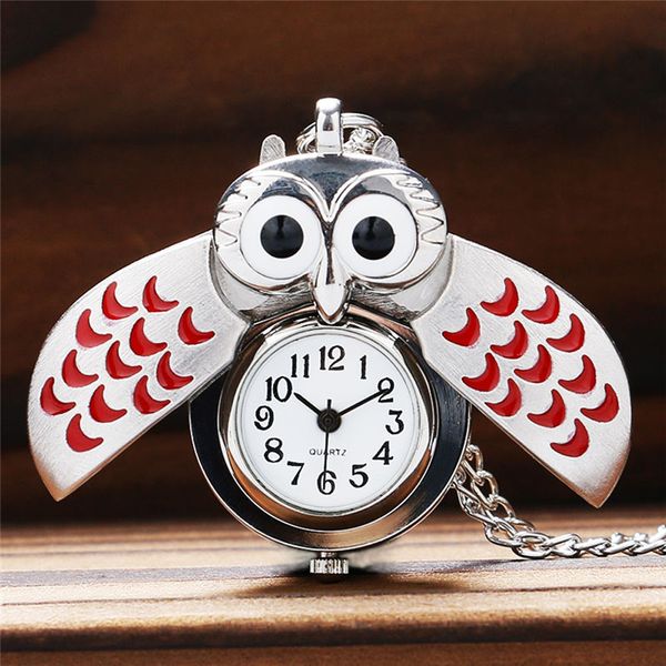 Prata Mini Cute Owl Forma Asa Quartzo Relógio De Bolso Masculino Feminino Relógio Analógico Relógio Colar Suéter Cadeia Presentes