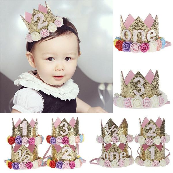 

baby first birthday decor flower party cap crown headband 1 2 3 year number priness style birthday hat infant festival headband, Slivery;white