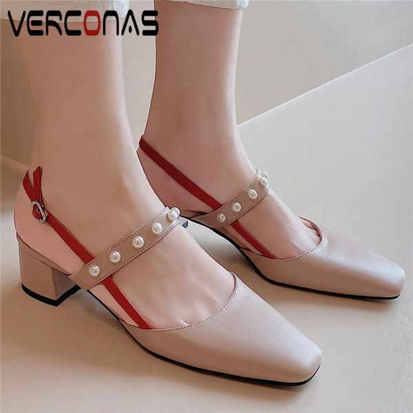 

verconas women mary jane pearl buckle thick heel square toe genuine leather high heels sandals party shoes slippers shoes woman, Black