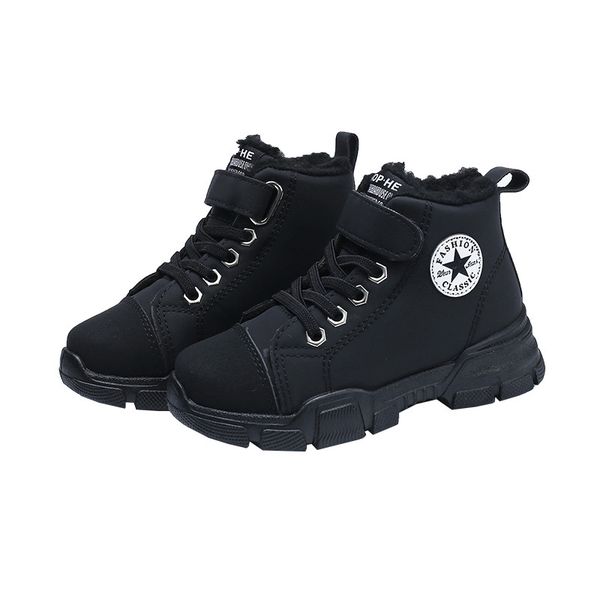 

children martin boots leather shoes boys winter real hair warm cotton shoes fashion girls kids boots non-slip, Black;grey