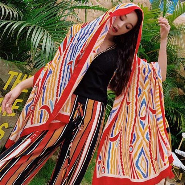 

2019 summer cotton and linen national wind scarf sunscreen shawl long silk scarf female nepal scarf shawl seaside beach towel, Blue;gray