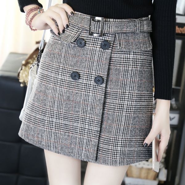 

конструктор мини-юбки женщин новая осень шерстяной осень прямые плед с поясом кнопки элегантный skater юбка высокой талией femininas sk5581, Black