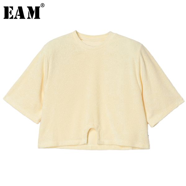 

eam] women yellow brief vent split joint short t-shirt new round neck short sleeve fashion tide spring summer 2020 1t284, White