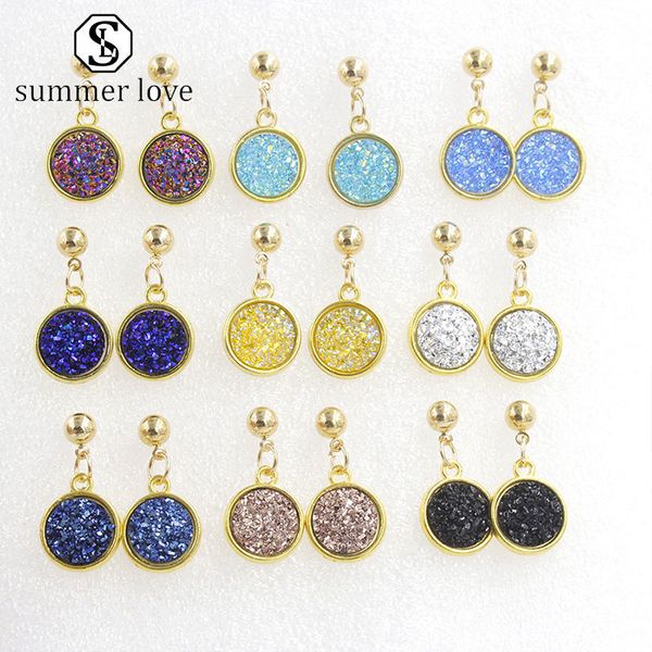 

trendy drusy round resin stone dangle earings for women colorful gold sparkly quartz druzy earrings valentine's day jewelry gift-y, Golden;silver