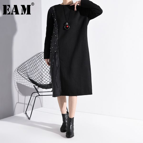 

eam] женщины черный rivet кисточки split темперамент платье новый раунд шеи длинным рукавом сыпучие fit мода весна осень 2020 a153, Black;gray