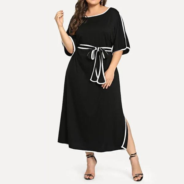 

womens autumn dress elegant large size short sleeve patchwork mid calf length dress plus size party vestidos mujer 2019, Black;gray