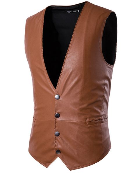 

good quality 2018 new men's pu leather vest solid color fashion casual vest single breasted large size shiny pu leather, Black;white