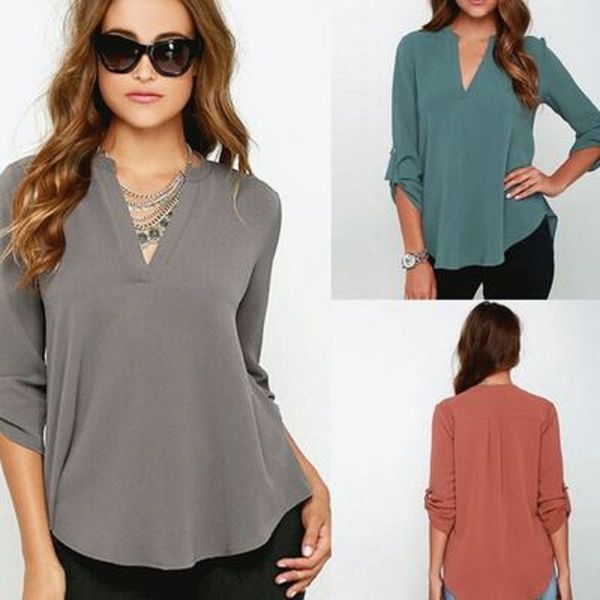

fashion new ladies v-neck long-sleeved pleated sleeves loose chiffon shirt, White