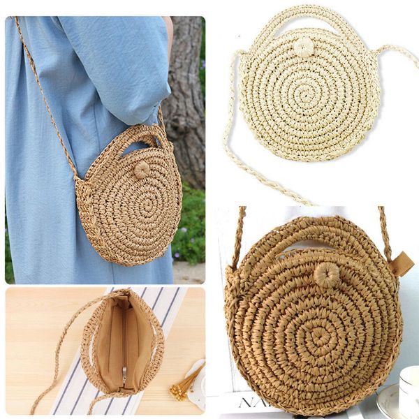 

round women lady handmade knitted woven rattan bags straw messenger beach bag