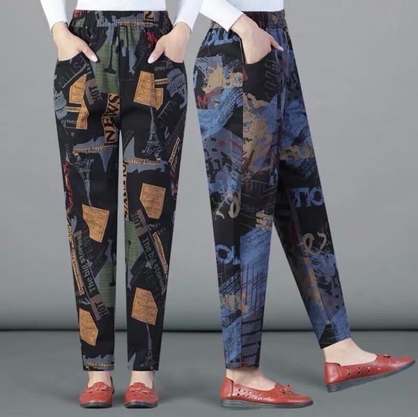 

2019 autumn winter middle aged women elastic high waist jeans loose plus size 5xl printed denim trousers mother harem pants p196, Blue