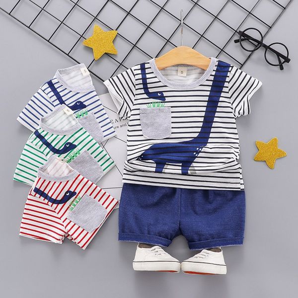 

детские мальчики с коротким рукавом с длинным горлом динозавр шаблон t + шорты повседневные летние детские наряды набор, White