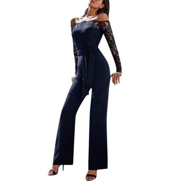 

ladies casual off shoulder lace jumpsuit backless with belt bodysuit womens rompers summer casual bodys mujer verano 15#, Black;white